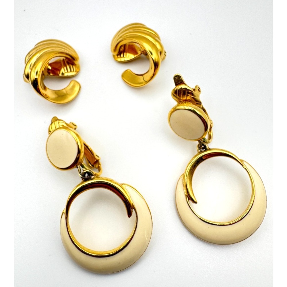 Vintage Trifari Earrings Monet Clip On Lot Cream Enamel Gold Tone